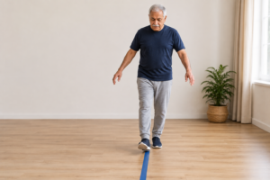 older woman practicing single leg balance training exercises at home