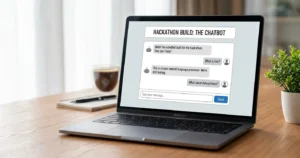 laptop screen showing a simple chatbot interface built during a hackathon