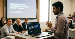 student presenting a final year computer science project on a laptop