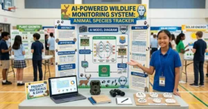  student presenting a science fair poster board with an AI project diagram 