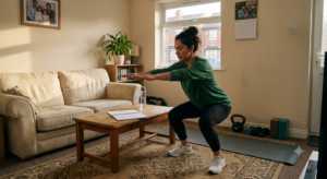 woman doing a home workout plan in a small living room