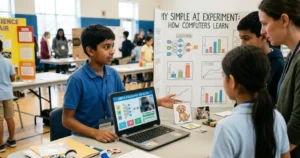 middle school student demonstrating a simple AI experiment on a laptop