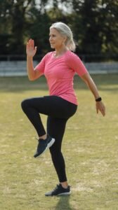 adult performing dynamic balance exercises on one leg outdoors