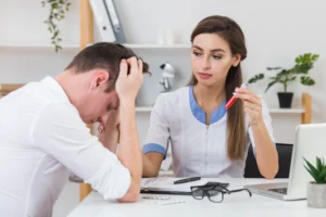 female doctor looking sad patient scaled