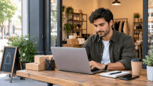 entrepreneur working on a laptop at a small business storefront