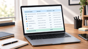 simple spreadsheet mockup showing common early business startup costs on laptop
