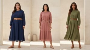 three body types shown wearing loose fitting dresses styled for their shape