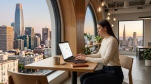 entrepreneur working from a laptop at a coffee shop with minimal equipment