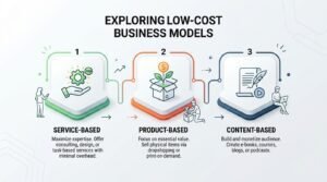 three business category icons showing service, product, and content-based low cost businesses