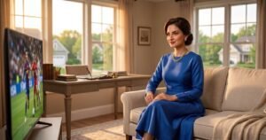 A LADY WEARING BLUE DRESS WATCHING TV