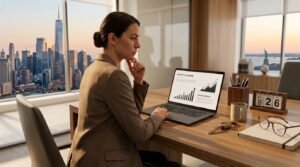 founder reviewing a startup funding pitch deck on a laptop