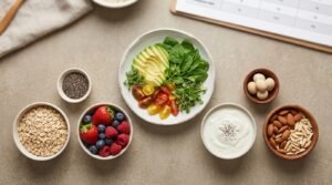 Flat lay of eggs, Greek yogurt, oats, chia seeds, berries, and almonds in small bowls | Place after the comparison table