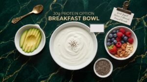 Breakfast bowl with Greek yogurt, chia seeds, almonds, and berries labeled as a 30g protein option