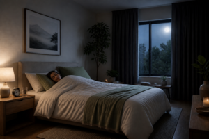 Peaceful adult bedroom with healthy sleep routine, soft natural moonlight