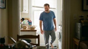 Healthy adult checking weight and preparing a balanced breakfast at home 
