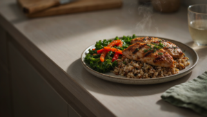 Healthy plate divided into vegetables, whole grains and protein