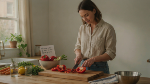 American woman preparing a healthy meal while using a simple daily habit checklist