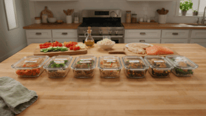 Weekly healthy meal planning with containers, vegetables, lean protein and whole grains